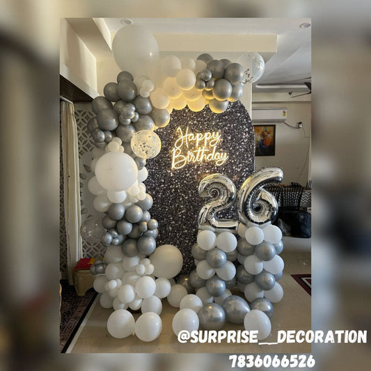 26th Birthday Silver Backdrop Decor Setup