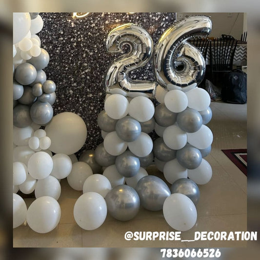 26th Birthday Silver Backdrop Decor Setup